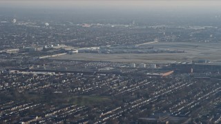 4K aerial stock footage of a wide view of the Chicago Midway International Airport terminals, Illinois Aerial Stock Footage | AX0169_0017