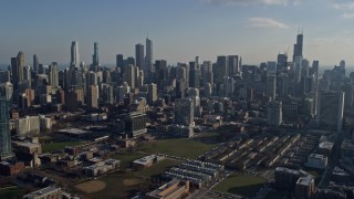 4K aerial stock footage of a wide view of skyscrapers and city buildings, Downtown Chicago, Illinois Aerial Stock Footage | AX0169_0027