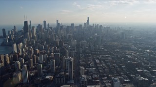 4K aerial stock footage of a wide view of the city's downtown skyscrapers, seen from north of the city, Downtown Chicago, Illinois Aerial Stock Footage | AX0169_0048