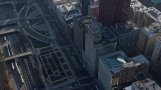 4K aerial stock footage of Metropolitan Tower by Grant Park, Downtown Chicago, Illinois Aerial Stock Footage | AX0169_0051