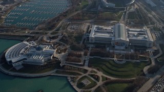 AX0169_0052 - 4K aerial stock footage approach Field Museum and Adler Planetarium near Soldier Field, Chicago, Illinois