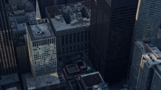 4K aerial stock footage of circling Chicago City Hall and skyscrapers, Downtown Chicago, Illinois Aerial Stock Footage | AX0169_0059