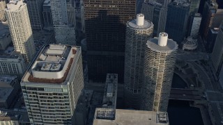 4K aerial stock footage of approaching and flying by Marina City skyscrapers, Downtown Chicago, Illinois Aerial Stock Footage | AX0169_0062