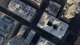 4K aerial stock footage of a bird's eye view of city streets and buildings, and Chicago River, Downtown Chicago, Illinois Aerial Stock Footage | AX0169_0073