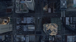 4K aerial stock footage of a bird's eye view of following LaSalle Drive, reveal bridge over river, Downtown Chicago, Illinois Aerial Stock Footage | AX0169_0076