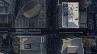 4K aerial stock footage of a bird's eye view of following LaSalle Drive, revealing city hall, Downtown Chicago, Illinois Aerial Stock Footage | AX0169_0077