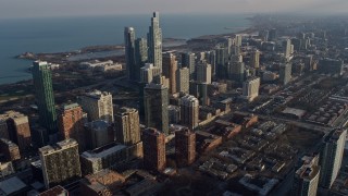 4K aerial stock footage of skyscrapers and city buildings near Field Museum, Downtown Chicago, Illinois Aerial Stock Footage | AX0169_0079