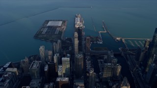 4K aerial stock footage of flying high over Downtown Chicago, Illinois, and Navy Pier Aerial Stock Footage | AX0169_0099