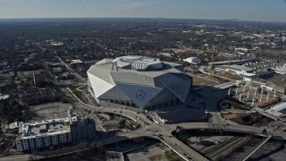 AX0171_0052 - 6.7K aerial stock footage an orbit of Mercedes-Benz Stadium in Atlanta, Georgia