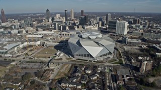 AX0171_0055 - 6.7K aerial stock footage of circling around Mercedes-Benz Stadium in Atlanta, Georgia