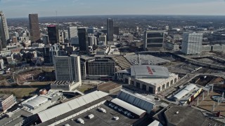 6.7K aerial stock footage orbit Omni Hotel, CNN Center and State Farm Arena in Downtown Atlanta, Georgia Aerial Stock Footage | AX0171_0066