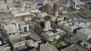 6.7K aerial stock footage orbiting Atlanta City Hall and the Georgia State Capitol in Downtown Atlanta, Georgia Aerial Stock Footage | AX0171_0106