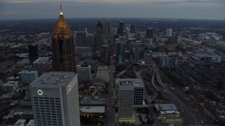 6.7K aerial stock footage fly past Midtown skyscrapers and toward Downtown Atlanta at sunset, Georgia Aerial Stock Footage | AX0171_0186