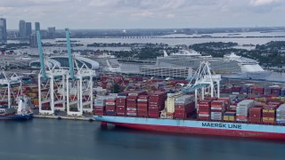 6.7K aerial stock footage of cruise ships docked at the Port of Miami, Florida Aerial Stock Footage | AX0172_019