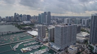 6.7K aerial stock footage flyby bayside hotel to reveal performing arts center, Downtown Miami, Florida Aerial Stock Footage | AX0172_080