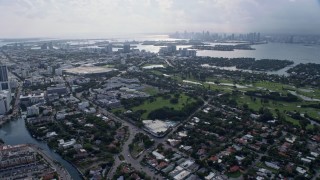 6.7K aerial stock footage of a wide view of South Beach, Florida with the Miami skyline in the distance Aerial Stock Footage | AX0172_141