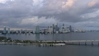 AX0172_163 - 6.7K aerial stock footage of a wide view of the Downtown Miami skyline, Florida at sunset