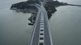 6K aerial stock footage tilt to traffic on the Bay Bridge in Oakland, California Aerial Stock Footage | AX0173_0031