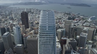 AX0173_0038 - 6K aerial stock footage fly over Salesforce Tower toward Transamerica Pyramid, San Francisco, California