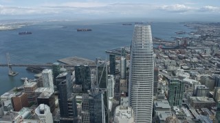 6K aerial stock footage fly past Salesforce Tower in downtown, tilt to South of Market skyscrapers, San Francisco, California Aerial Stock Footage | AX0173_0042