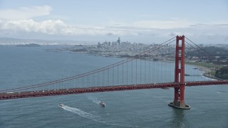 6K aerial stock footage of the city's downtown skyline seen while flying by the Golden Gate Bridge, San Francisco, California Aerial Stock Footage | AX0173_0054