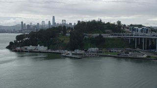 AX0173_0071 - 6K aerial stock footage the Coast Guard pier on Yerba Buena Island, California