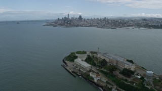 6K aerial stock footage of the San Francisco skyline seen from Alcatraz, California Aerial Stock Footage | AX0173_0086