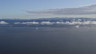 AX0174_0004 - 6K aerial stock footage of a wide view of the San Mateo Bridge spanning San Francisco Bay, California