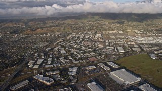 6K aerial stock footage of flying past Fremont warehouse buildings, California Aerial Stock Footage | AX0174_0016