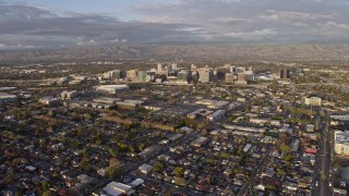 6K aerial stock footage of approaching Downtown San Jose at sunset, California Aerial Stock Footage | AX0174_0037