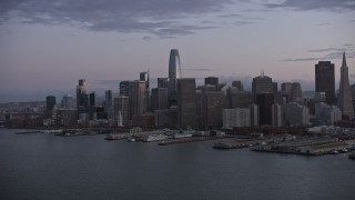 6K aerial stock footage of the Downtown San Francisco skyline at twilight, California Aerial Stock Footage | AX0174_0097