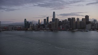 6K aerial stock footage of a view of the Downtown San Francisco skyline at twilight, California Aerial Stock Footage | AX0174_0098