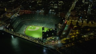 6K aerial stock footage orbit Oracle Park stadium at night, San Francisco, California Aerial Stock Footage | AX0174_0141