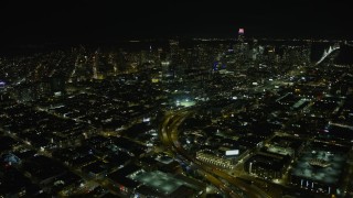 6K aerial stock footage a view of Downtown San Francisco skyscrapers at night, California Aerial Stock Footage | AX0174_0156