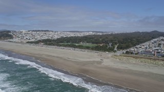 6K aerial stock footage of panning to Ocean Beach and Golden Gate Park from ocean, San Francisco, California Aerial Stock Footage | AX0175_0191