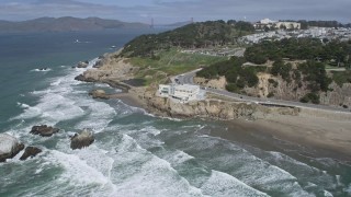 6K aerial stock footage of the Cliff House overlooking Seal Rocks and ocean, San Francisco, California Aerial Stock Footage | AX0175_0192