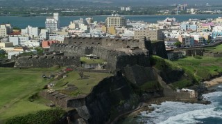 4.8K aerial stock footage of a Historic Fort on a Caribbean Island, San Juan Puerto Rico Aerial Stock Footage | AX101_009E