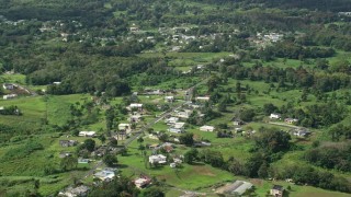 AX101_043 - 4.8K aerial stock footage of Rural neighborhood with lush green grass and trees, Vega Baja, Puerto Rico 