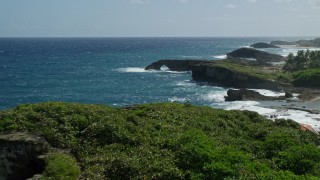 4.8K aerial stock footage of rock formations and trees along the coast of clear blue water, Arecibo, Puerto Rico Aerial Stock Footage | AX101_160E