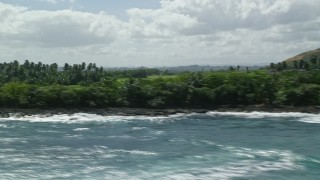 AX101_207E - 4.8K aerial stock footage flying along the coast with lush vegetation, Vega Baja, Puerto Rico