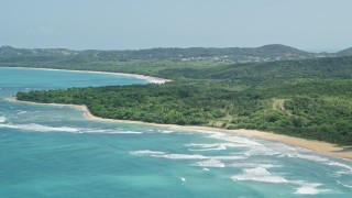 4.8K aerial stock footage of a Jungle and beach along clear blue waters, Luquillo, Puerto Rico Aerial Stock Footage | AX102_053