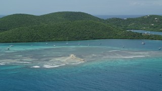 4.8K aerial stock footage of Sailboats in turquoise waters along a tree covered coast, Culebra, Puerto Rico  Aerial Stock Footage | AX102_140