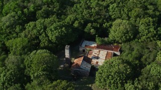 4.8K aerial stock footage of a Reef Bay Rum Factory Ruins nestled among trees, St John, US Virgin Islands Aerial Stock Footage | AX103_047