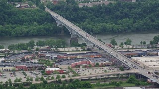 4.8K aerial stock footage of Homestead Grays Bridge and a Shopping Mall, Pittsburgh, Pennsylvania Aerial Stock Footage | AX105_026E