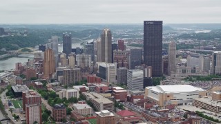 4.8K aerial stock footage approaching and flying past skyscrapers in Downtown Pittsburgh, Pennsylvania Aerial Stock Footage | AX105_107E