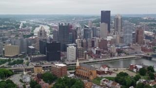 4.8K aerial stock footage of riverfront skyscrapers, Downtown Pittsburgh, Pennsylvania Aerial Stock Footage | AX105_115E