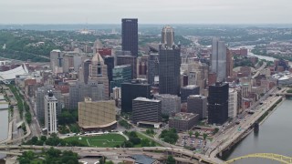 4.8K aerial stock footage of skyscrapers and high-rises, Downtown Pittsburgh, Pennsylvania Aerial Stock Footage | AX105_122