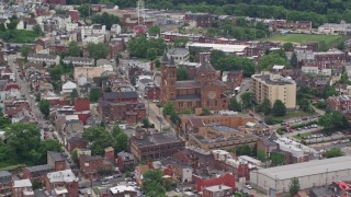 4.8K aerial stock footage orbiting Our Lady of the Angels Parish Church, Pittsburgh, Pennsylvania Aerial Stock Footage | AX105_147