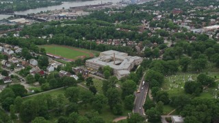 4.8K aerial stock footage flying over high school, Pittsburgh, Pennsylvania Aerial Stock Footage | AX105_208