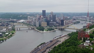 4.8K aerial stock footage of skyscrapers and rivers in Downtown Pittsburgh, Pennsylvania Aerial Stock Footage | AX105_227E